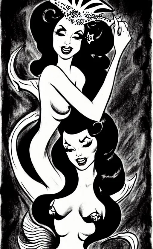 Image similar to mermaid with a detailed face and black hair, burlesque psychobilly, rockabilly, punk, white background, drawing, illustration by frank frazetta