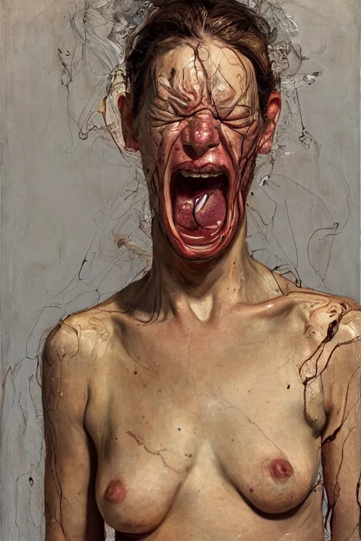 Prompt: portrait of a woman enraged, part by Jenny Saville, part by Lucian Freud