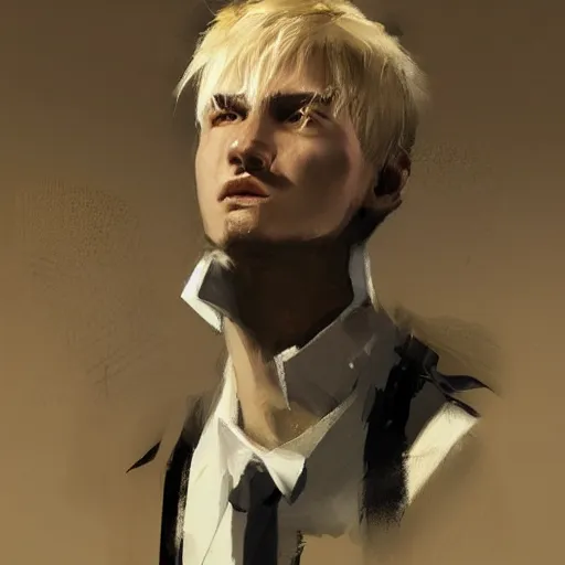 Image similar to Portrait of a man by Greg Rutkowski, he is about 20 years old, polish, short blonde hair with bangs, attractive, smart looking, slim, somewhat androgenic, he is wearing a white and black utilitarian jumpsuit, highly detailed portrait, scifi, digital painting, artstation, concept art, smooth, sharp foccus ilustration, Artstation HQ