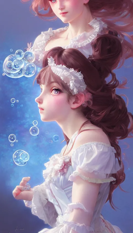 Prompt: portrait of magical lolita girl, dreamy and ethereal, blue eyes, peaceful expression, ornate frilly dress, fantasy, intricate, elegant, rainbow bubbles, highly detailed, digital painting, artstation, concept art, smooth, sharp focus, illustration, art by artgerm and greg rutkowski and alphonse mucha
