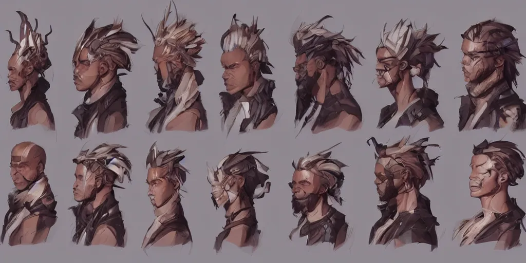 Prompt: concept art of rugged african male netrunner d & d video game characters head designs, unique hair designs, by marc brunet and artgerm