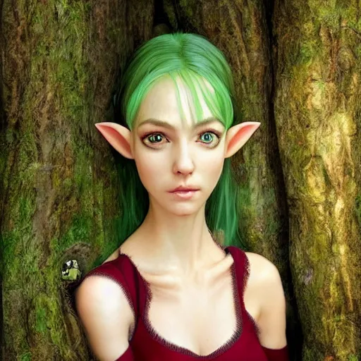 Prompt: a realistic portrait of a realistic female elf with a long withe and light green dress in the woods , perfect and hyperrealistic ultra detailed face, by WLOP