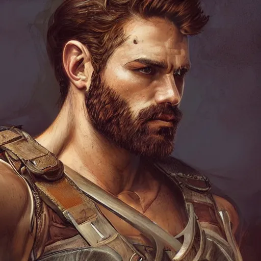 Image similar to portrait of a rugged ranger, 3 0 years old, muscular, upper body, hairy torso, d & d, fantasy, intricate, elegant, highly detailed, digital painting, artstation, concept art, smooth, sharp focus, illustration, art by artgerm and greg rutkowski and alphonse mucha