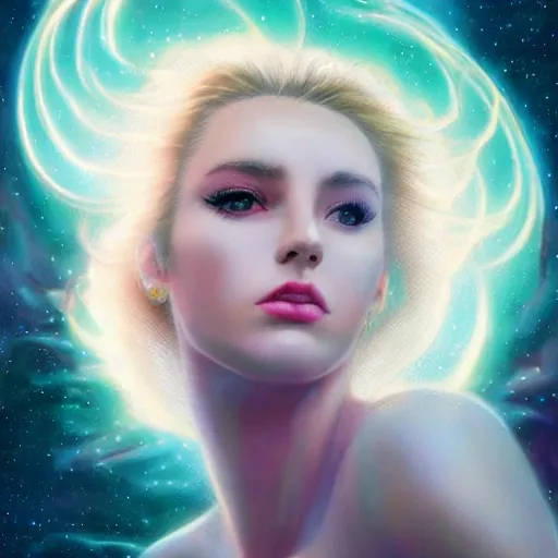 Image similar to celestial goddess facial portrait, legendary epic shot, 90s make-up, low angle, dawn, by artgerm, julie bell, beeple and Greg Rutkowski, airbrush, science fantasy, 90s, concept art, realistic matte painting, Smooth gradients, octane render, 8k, High contrast, duo tone, depth of field, volumetric lightning, very coherent, symmetrical, skin pore detail