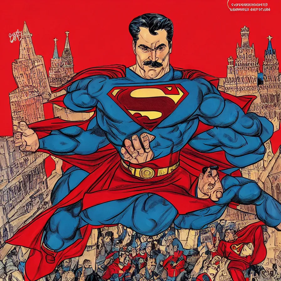 Image similar to epic comic book cover of stalin as superman floating over the red square ( moscow ), sunny clear sky, socialist realism, aesthetically pleasing, finely detailed facial features, hyperrealist, intricate digital art, trending artstation, artgem, rich moody colors, fan art, concept art, in the style of the red son, by cory walker and ryan ottley