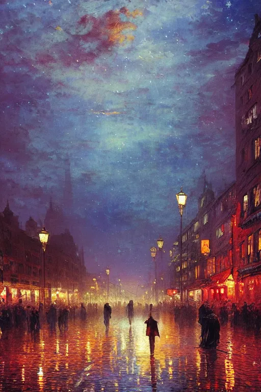 Prompt: the king in disguise, walking through the crowded streets of the city of blood and prisms, night skies, dramatic light, hyperrealistic, colorful skies, digital art, vray, john atkinson grimshaw, ivan aivazovsky, leonid afremov