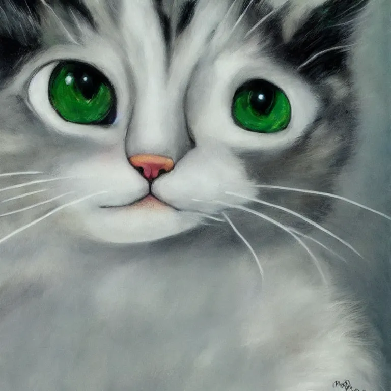 Prompt: cute cartoon cat with large green eyes by Margaret Keane, 4k