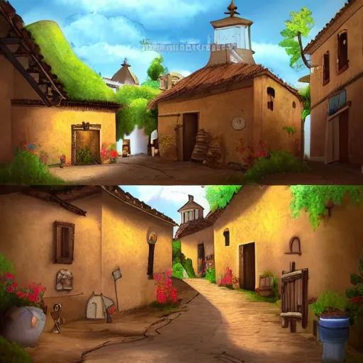 Image similar to A Spanish village. 2D videogame concept art.