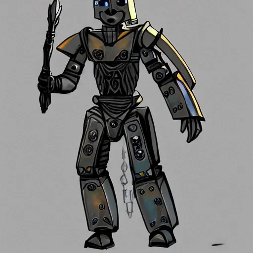 Image similar to A paladin warforged from Dungeons & Dragons looking like the BIONICLE Keetongu from Lego, with one eye and a heavy armor, with eldritch styled tatoos on his arms, art by Gref Farshtey