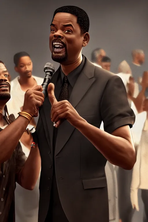 Prompt: Chris Rock Slapping Will Smith’s Face In Front of A- List Celebrities At A Midget Convention, illustration, soft lighting, soft details, painting oil on canvas by Edmund Blair Leighton and Charlie Bowater octane render, HDR, trending on artstation, 4k, 8k, HD