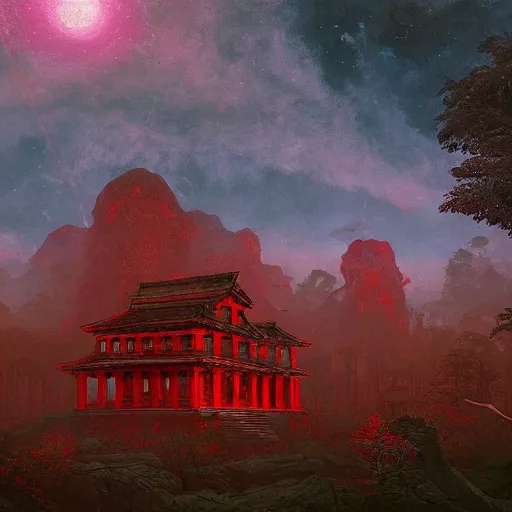 Prompt: red ancient temple between green hills with big trees, star trails, dramatic lighting, artstation, matte painting, caspar david friedrich, simon stalenhag