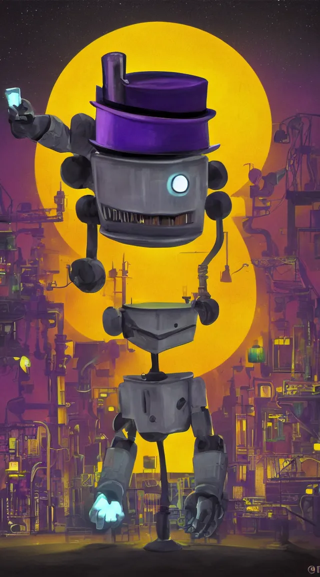 Image similar to tiny capitalist robot in the dark wearing a top hat, hrd, hyperrealistic, hyper detailed, tiny, lights, yellow, purple, blue, top hat, moustache, dusk, industrial background, factories, sky