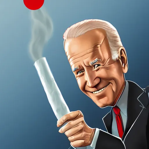 Image similar to joe biden holding a giant joint while sitting on a couch in a messed up apartment, stoned eyes, smoke, beautiful digital art, amazing detail, artstation, award winning, sharp