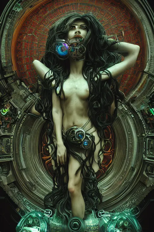 Image similar to Cyberpunk medusa, dark atmosphere, cinematic shot, intricate, ornate, photorealistic, ultra detailed, realistic, 35mm, photography, neon, octane, high definition, depth of field, bokeh, 8k, artstation, ((alphonse mucha))