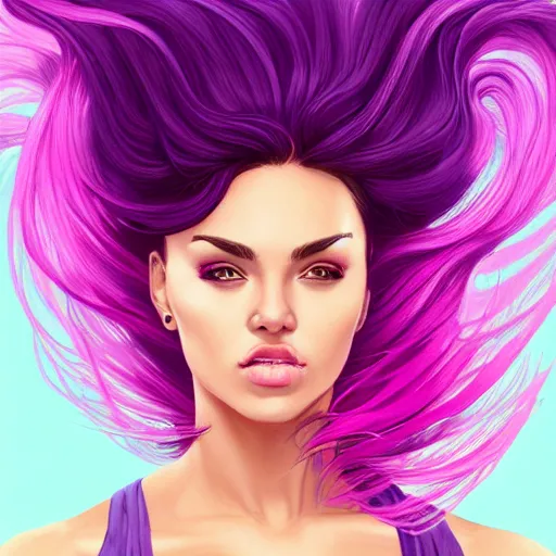 Image similar to a stunning upper body portrait of a beautiful woman with ombre hairstyle in purple and pink blowing in the wind by marvel comics, digital art, trending on artstation