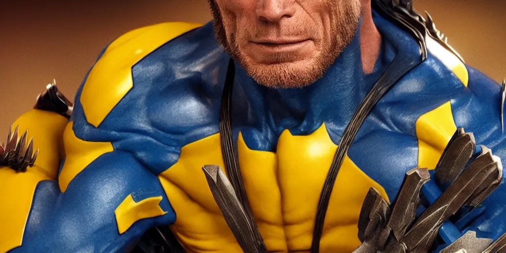 Image similar to clint eastwood as wolverine in blue and yellow costume, octane render, beautiful composition, trending on artstation, award - winning photograph, masterpiece