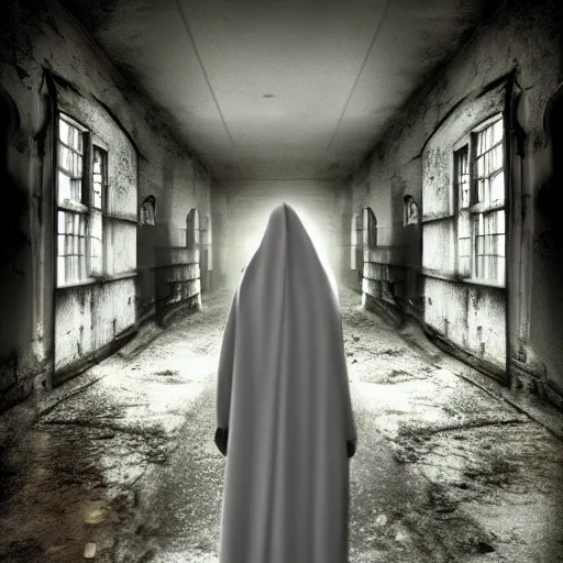 Image similar to haunted asylum with an evil nun hiding in the shadows, realistic, cinematic