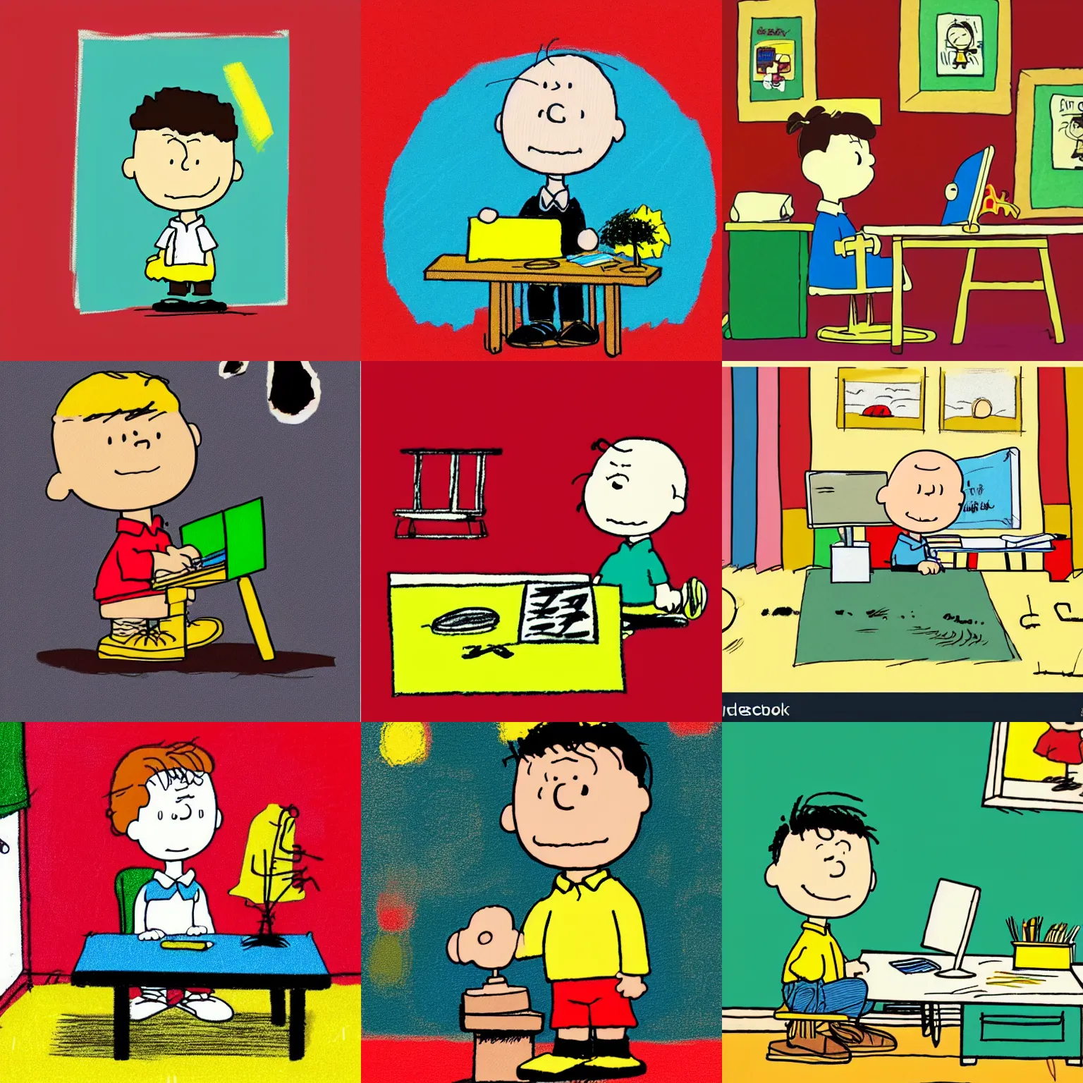 Prompt: a cute simple kid's crayon illustration of a young 👦🏿 entrepreneur working at his home computer in his office bedroom, artstation, in the style of peanuts and charlie brown, by rossdraws and artgerm and studio ghibli and basquiat, masterpiece, hd, award winning, solid color background, red green yellow color scheme