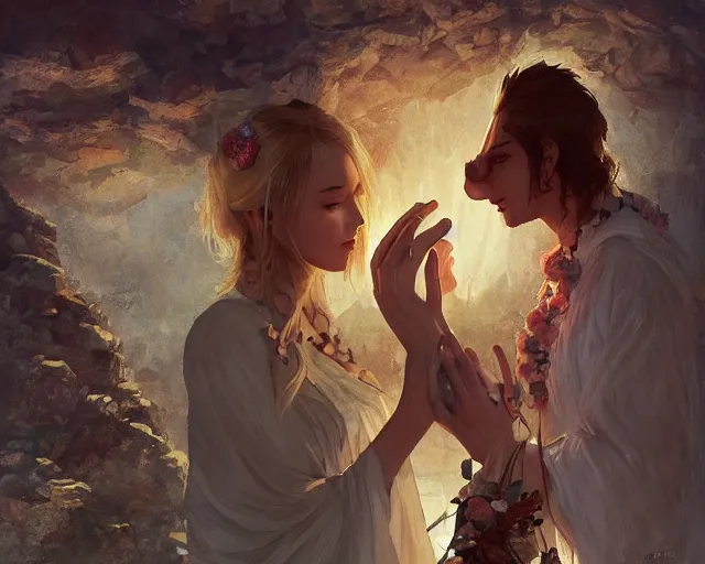 Image similar to a cinematic boy girl traditional romance moment, exploring the caves boho clothing, full body illustration, bestselling movie art poster, official media, 1970s fashion, dynamic lighting official anime media, incredible art by artgerm and greg rutkowski