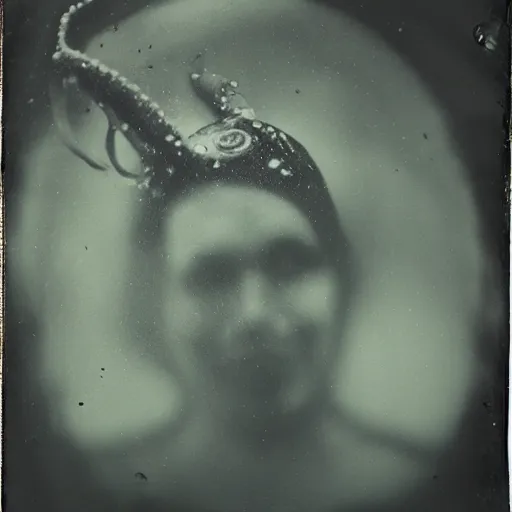 Prompt: tintype photo, swimming deep underwater, alien squid