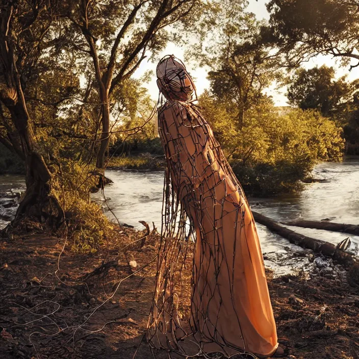 Prompt: a woman with a mask made of wires and bark standing next to a river, golden hour, vogue magazine
