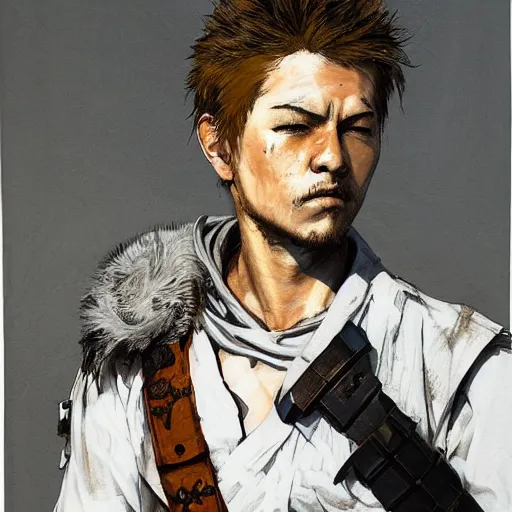 Image similar to portrait of a young white hero holding his sword next to his face covering his eye by yoji shinkawa, high quality, extra details, realism, ornate, colored, golden chain, blood, white skin, short hair, brown eyes, vivid, sunlight, dynamic, american man, freedom, white american soldier, painting