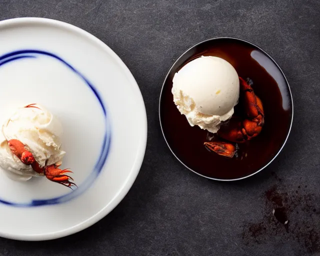 Prompt: dslr food photograph of a plate of vanilla ice cream and a crawfish, some chocolate sauce, 8 5 mm f 1. 4