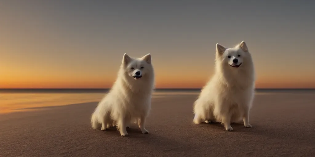 Image similar to a closeup photorealistic photograph of japanese spitz on the beach at sunset. this 4 k hd image is trending on artstation, featured on behance, well - rendered, extra crisp, features intricate detail and the style of unreal engine. golden hour