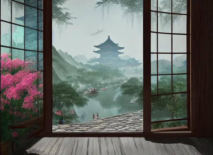 Image similar to view through window, magnificent city in ancient china in late spring, flowers will fade, some fog, realistic style, high details, scene concept., trending on artstation