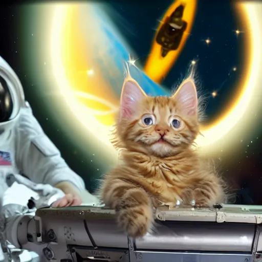 Prompt: Next to the James Webb Telescope in outer space, an action sequence of an astronaut ((cream colored Maine Coon kitten)) space walk, an unopened bag of kitty litter floats nearby, in the background friendly cute cute cute alien spacecraft, highly realistic, 4K, 8K, road trip