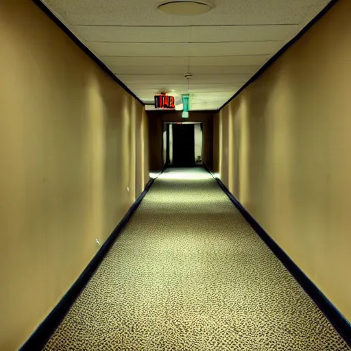 Image similar to liminal space, low light, hotel hallway, empty, abandoned, spooky, low light, long hallways