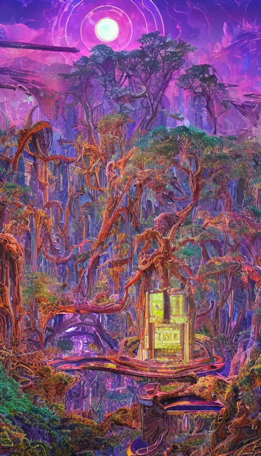 Image similar to a beautiful hyperdetailed highly detailed nature shrine by denise scott brown, thermal vision neon signs nature elysian forest universe cgsociety apocalyptic tron wilderness synthwave alien extraterrestial steampunk earth gem uv light cyberpunk crystal meadow azeroth san andreas tokyo liberty city, archdaily, wallpaper, highly detailed, trending on artstation.