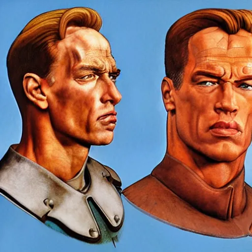 Image similar to portrait of Nazi Arnold Schwarzenegger as a Wolfenstein character, by Angus McBride, Gentile Bellini, Piero della Francesca, and Arthur Rackham. HD face portrait.