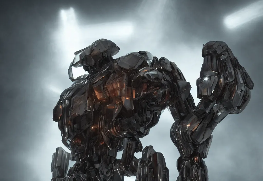 Image similar to mecha with the face of peron, photorealistic, film, cinematic lighting, octane tender, volumetric light, dark - art