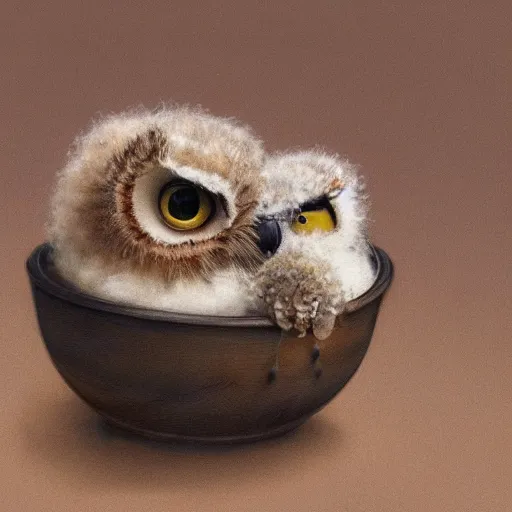 Image similar to long shot of a very fluffy cute owl chick nesting in a cup, esao andrews, by m. w. kaluta, humorous illustration, hyperrealistic, tilt shift, warm colors, night scenery, low light, 3 d octane render, 4 k, volumetric lights, smooth, cosy atmosphere, conceptart, hyperdetailed, trending on deviantart