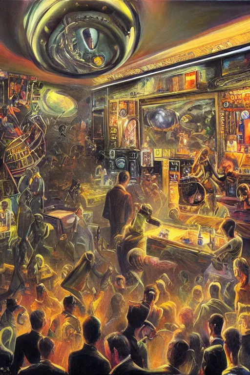 Image similar to Alien rodents from another planet visit a jazz nightclub in Harlem in 1946, an epic painting, volumetric lighting, intricate, elegant, highly detailed, digital painting, artstation, concept art, smooth, sharp focus, art by Mort Kunstler