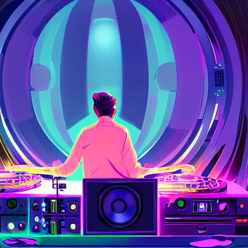 Image similar to a dj creating disco music in an underground lab, surrounded by large retro speakers, digital painting, artstation, ristan eaton, victo ngai, artgerm, rhads, ross draws, anime styled, hd, 4 k