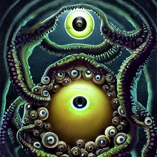 Prompt: digital painting of a lovecraftian, unknowable monster giant eyeball composed of hundreds of smaller eyeballs with teeth in the pupil, evoking existential dread, deviantart cosmic horror, dark surreal atmospheric, raulo caceres, tim white