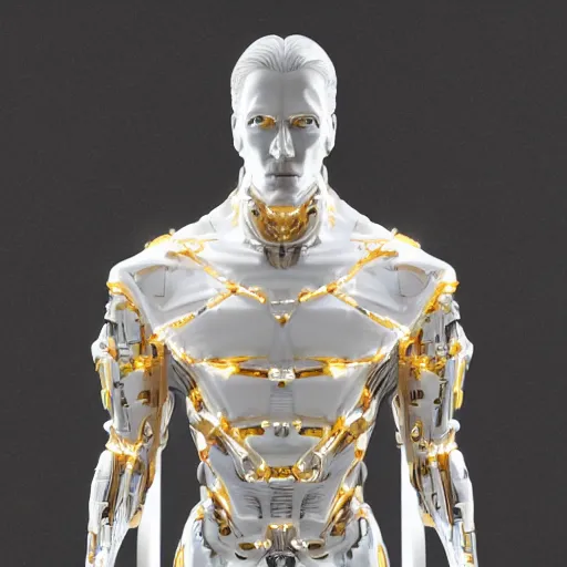 Image similar to statue of white marble with gold veins of strong attractive futuristic cybernetic man adonis posing, hyper realistic, transhumanism, perfect symmetrical body, perfect symmetrical face, hyper detailed, octane render blender, 8 k