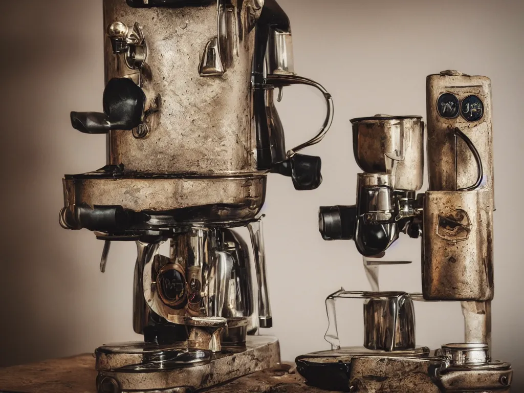 Image similar to wide angle photography of a antique coffee machine, by louis daquerre, product photography, small depth of field, fresh colors, trending on artstation