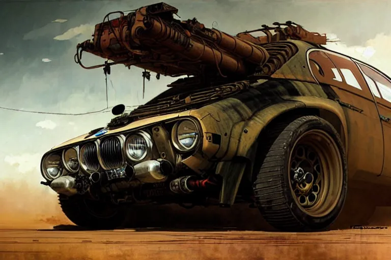 Image similar to dieselpunk mad max's bmw m 1 4 wd offroad pursuit special : : speeding over the horizon : : painted by greg rutkowski makoto shinkai takashi takeuchi studio ghibli, akihiko yoshida