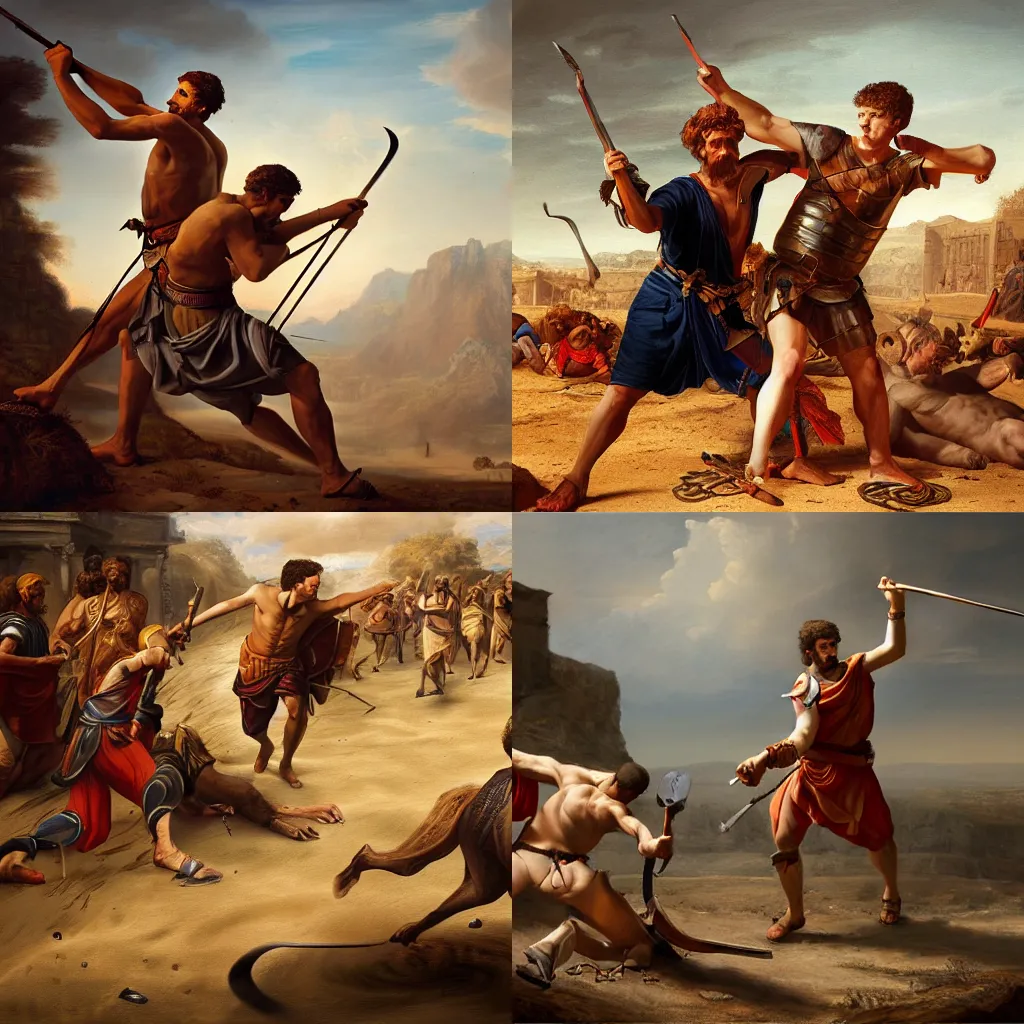 Prompt: illustration of David killing Goliath, realistic painting, classical painting, high definition, digital art, matte painting, very detailed, realistic