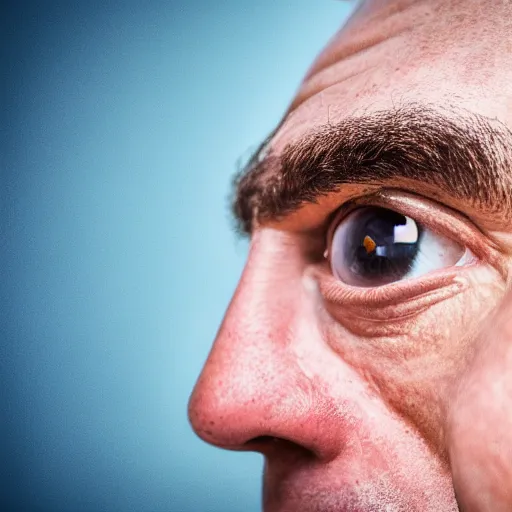 Image similar to close up photograph of a sweaty man who has just woken up to a light shining in his face, fish eye lens