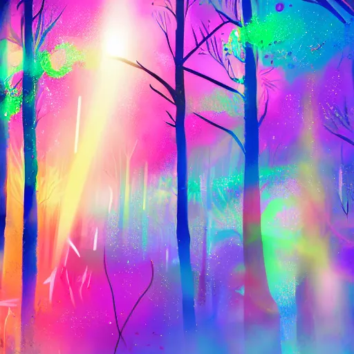 Prompt: magical forest with colorful particles and vibrant color, it brings happiness, trending on artstation