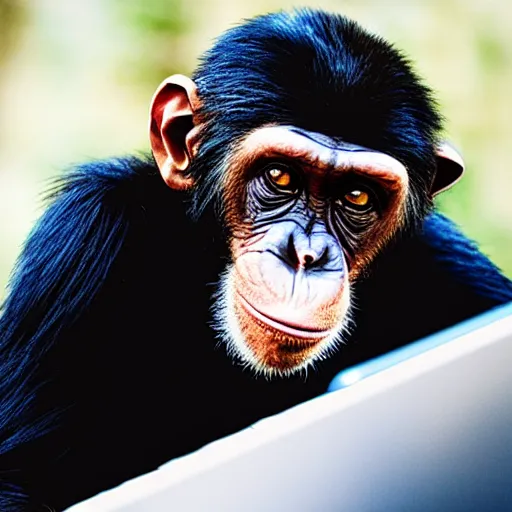 Image similar to chimp sitting at a desk with a crt monitor 📷