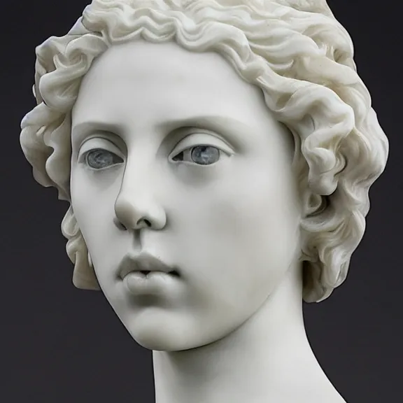 Image similar to a white art nouveau marble and silver sculptural bust of a worried young scarlett johansson as joan of arc, wearing plate armor, delicate, intricate, smooth, beautiful, by charles van der stappen