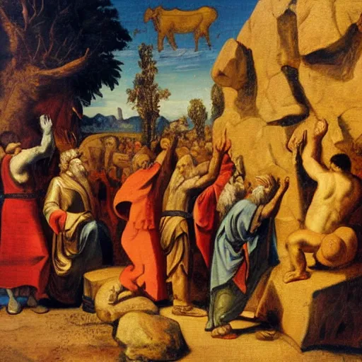 Image similar to israelites worshipping golden calf, old testament, early modern era painting