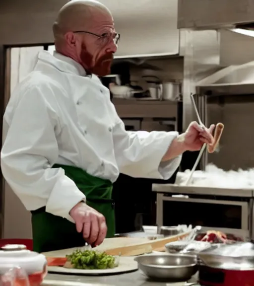 Image similar to film still of walter white cooking delicious food inside a professional restaurant kitchen in the tv show breaking bad, full-shot, 4k