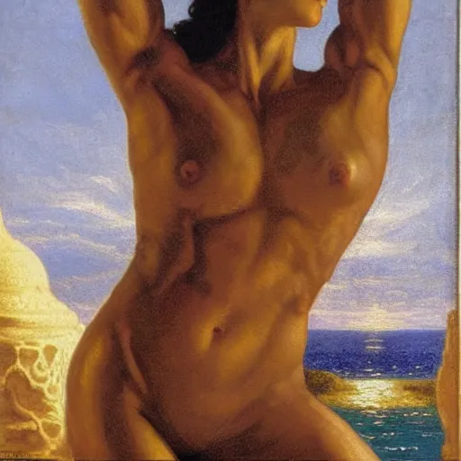 Prompt: a short young genie, with spikey short brown hair, brown skin, abs, a confident smile, emerging from her lamp and flexing her bicep, award winning painting by edward poynter