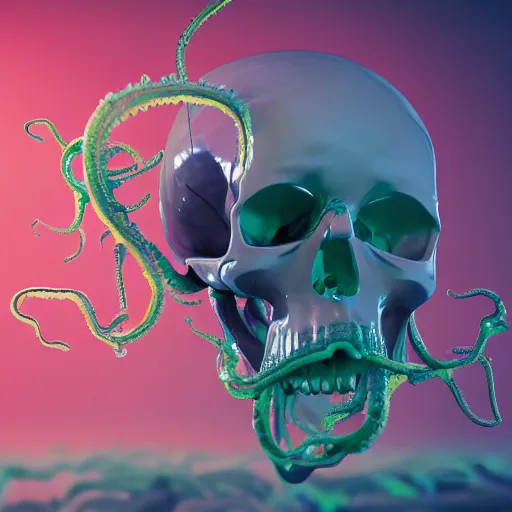 Image similar to a human Skull mutating into flowers, tentacles, unnatural shapes, jellyfish tentacles reaching out, coherent human Skull, insect, chaotic octane render, 3d digital art by beeple, unreal engine 5, award winning,